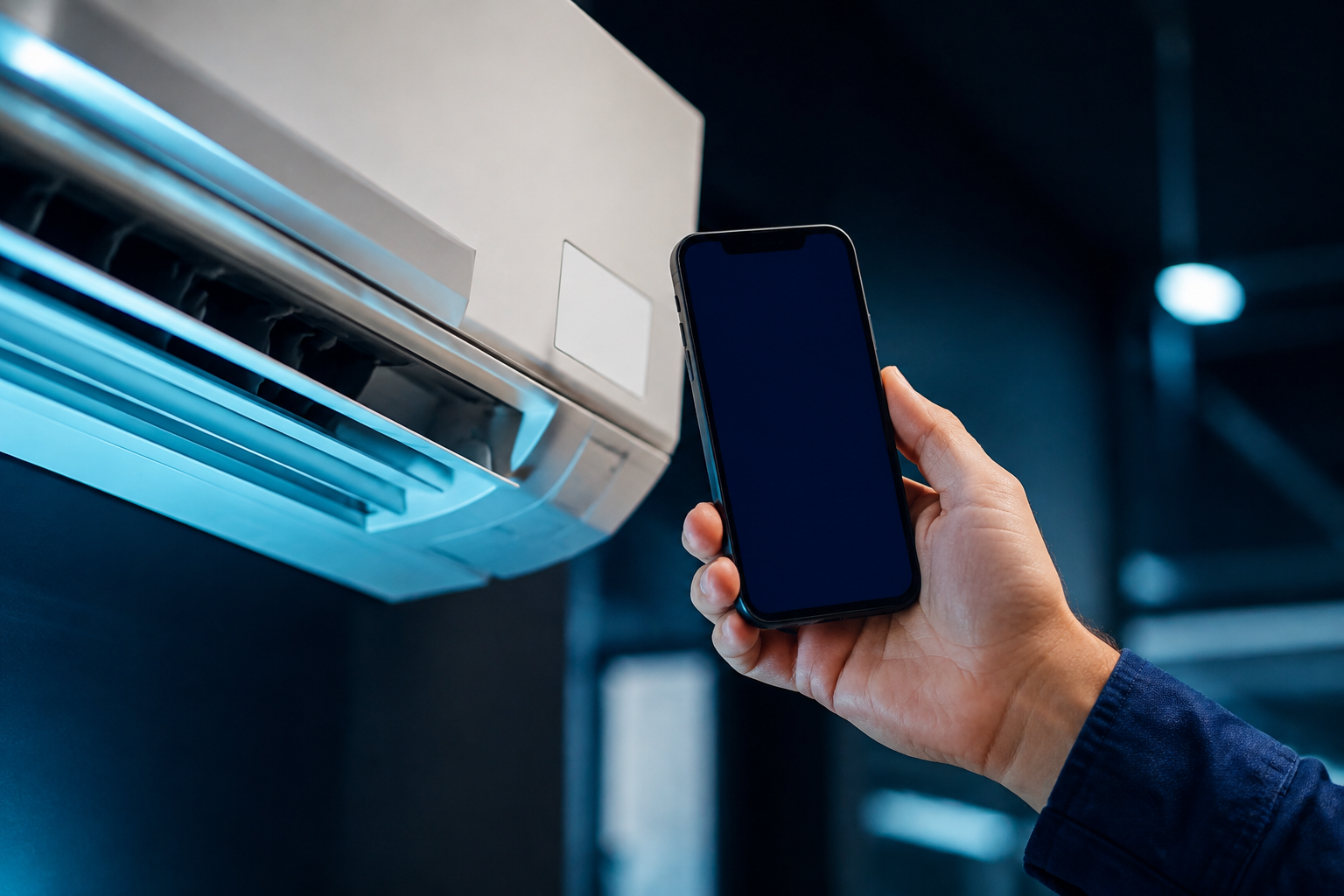Celular junto a um ar-condicionado em um ambiente de trabalho